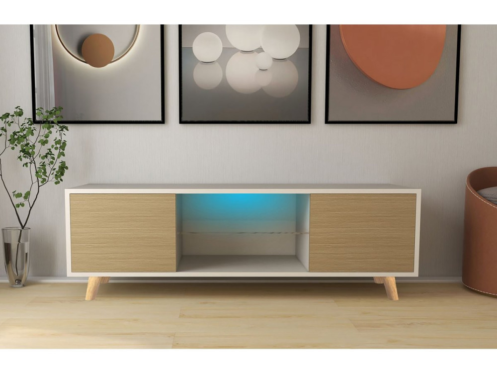 TV meubel met led "Inna" - 140 x 42 x 45 cm - Wit / eiken