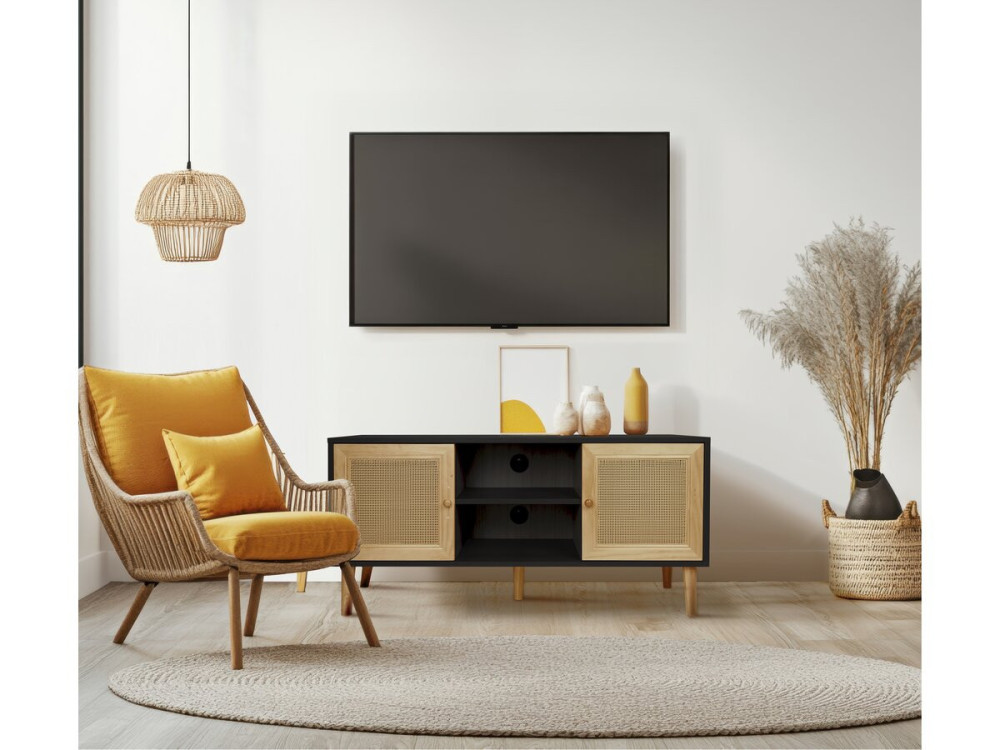TV meubel Scandinavisch design riet rotan webbing meubel "Iguane" - 120 x 30 x 56,5 cm - Zwart