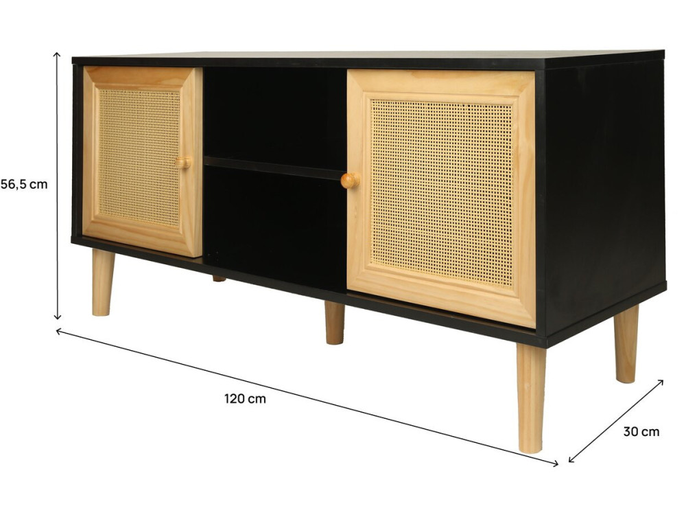TV meubel Scandinavisch design riet rotan webbing meubel "Iguane" - 120 x 30 x 56,5 cm - Zwart