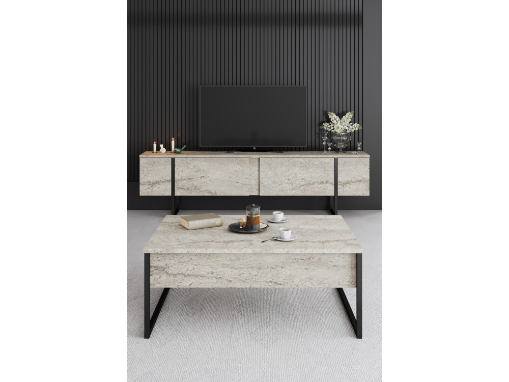 Luxe" houten TV-meubel - 180 x 30 x 50 cm - TravertinZwart