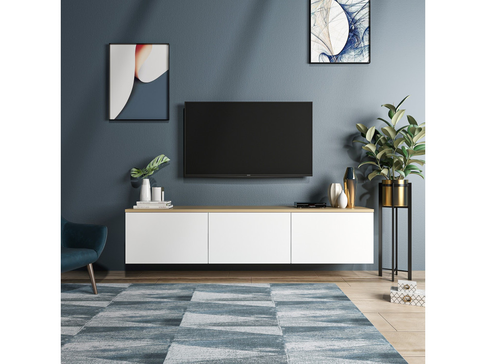 Neon" houten TV-meubel - 160 x 32 x 35 cm - Wit eiken