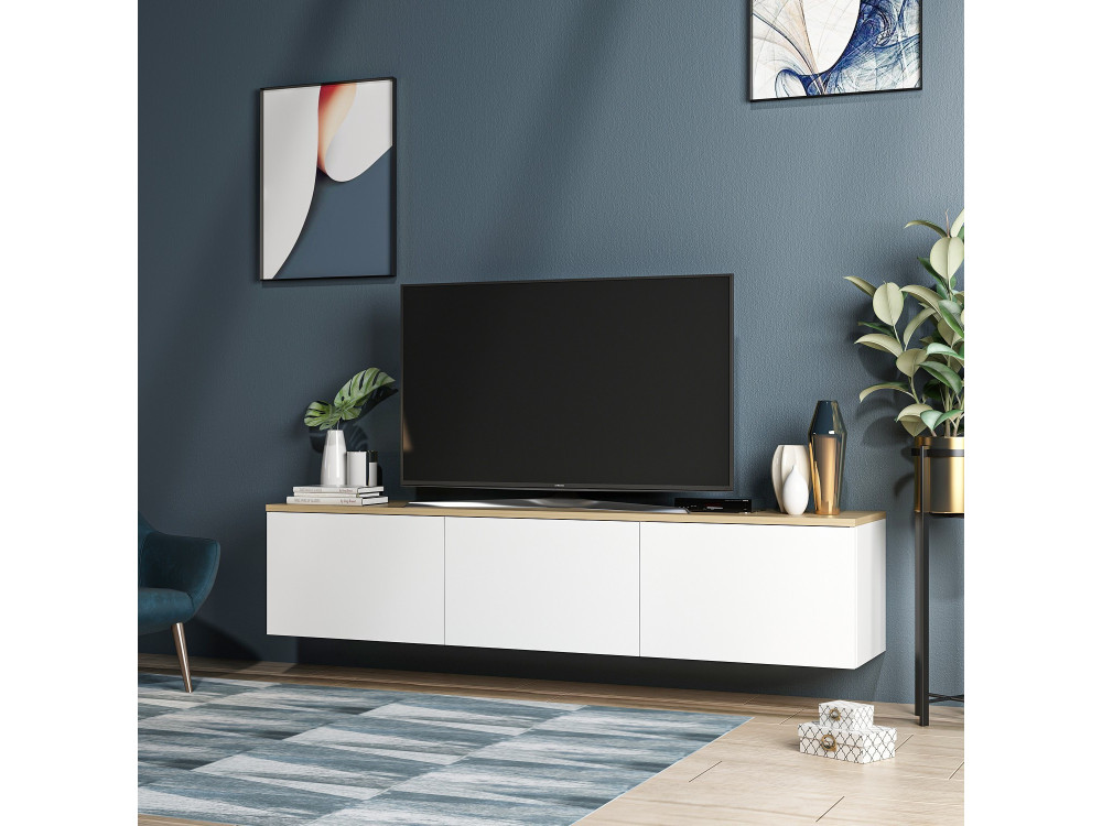 Neon" houten TV-meubel - 160 x 32 x 35 cm - Wit eiken