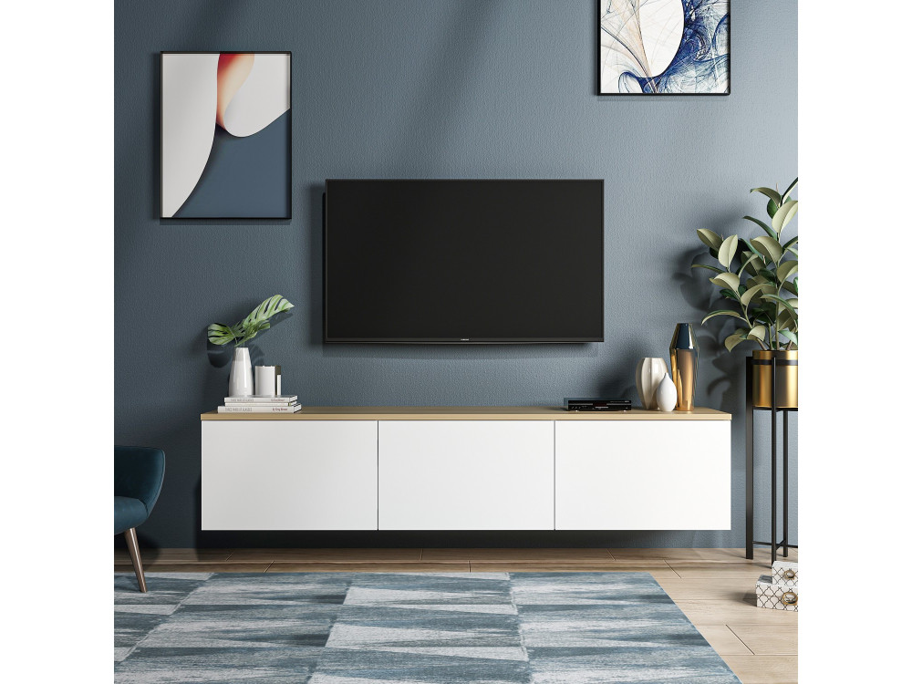 Neon" houten TV-meubel - 160 x 32 x 35 cm - Wit eiken