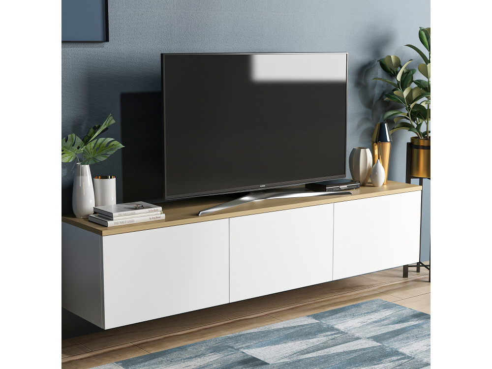 Neon" houten TV-meubel - 160 x 32 x 35 cm - Wit eiken