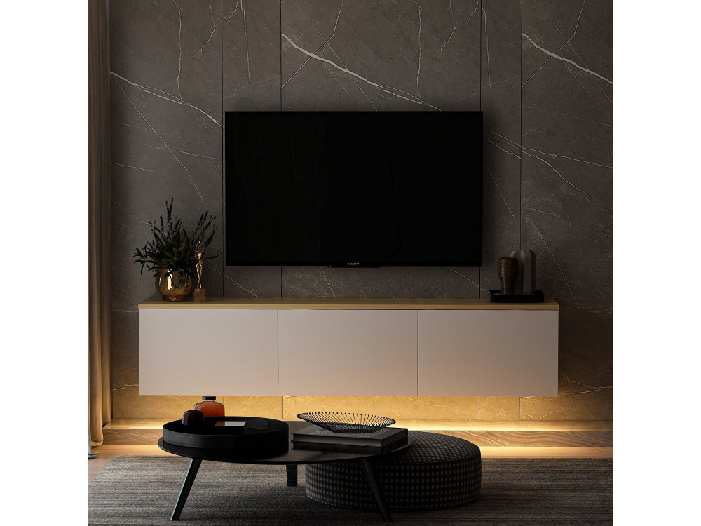 Hangend houten TV-meubel "Neon" met LED-verlichting - 160 x 32 x 35 cm - Wit