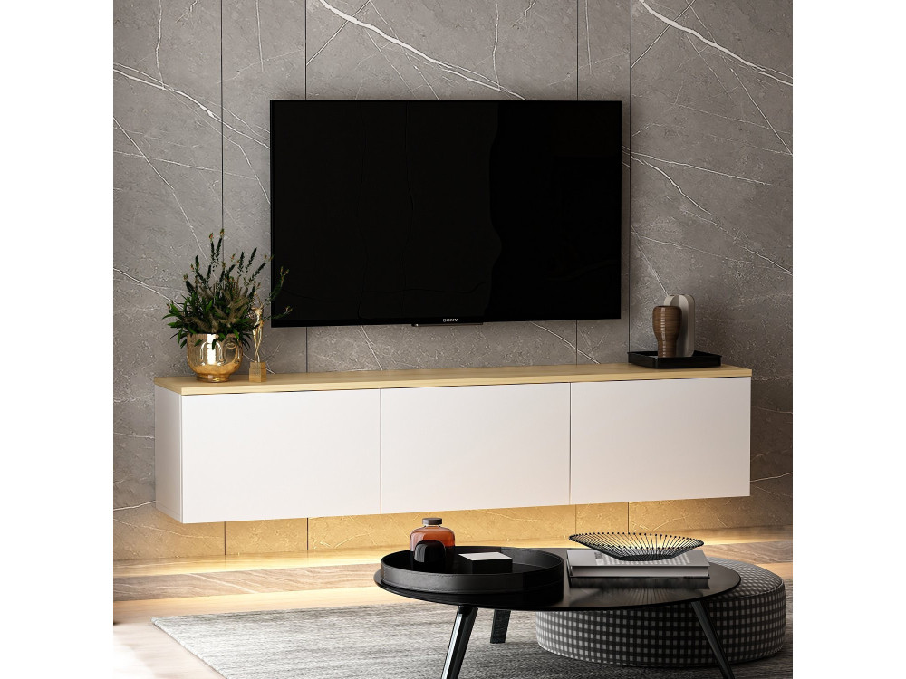 Hangend houten TV-meubel "Neon" met LED-verlichting - 160 x 32 x 35 cm - Wit