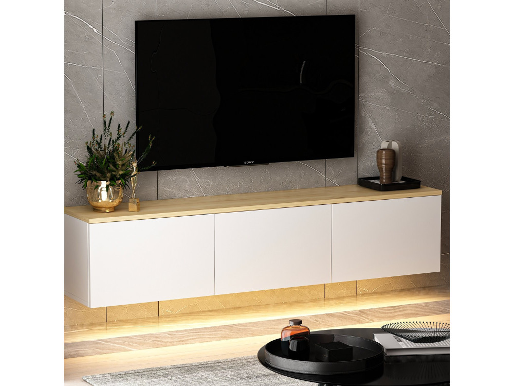 Hangend houten TV-meubel "Neon" met LED-verlichting - 160 x 32 x 35 cm - Wit