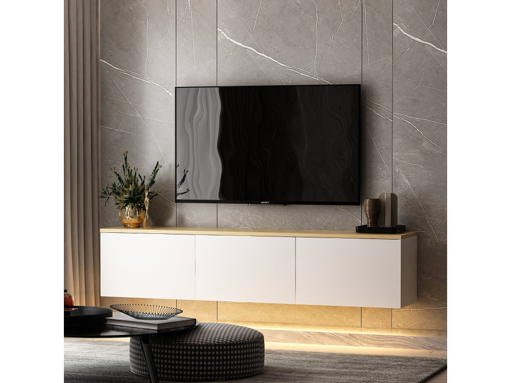 Hangend houten TV-meubel "Neon" met LED-verlichting - 160 x 32 x 35 cm - Wit