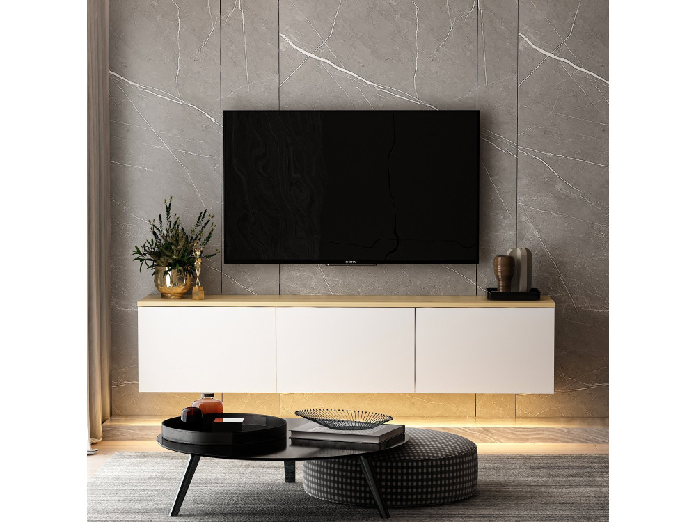 Hangend houten TV-meubel "Neon" met LED-verlichting - 160 x 32 x 35 cm - Wit