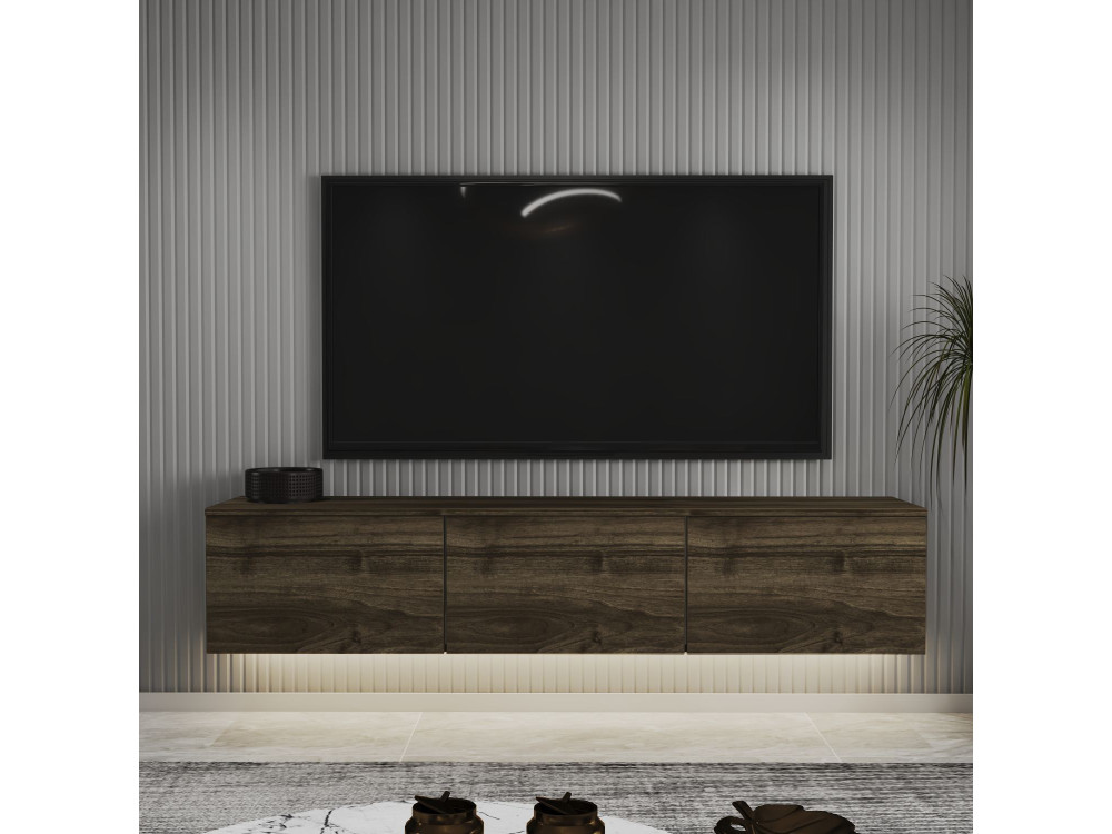 Neon" hangend houten TV-meubel met LED-verlichting - 160 x 32 x 35 cm - Donkerbruin