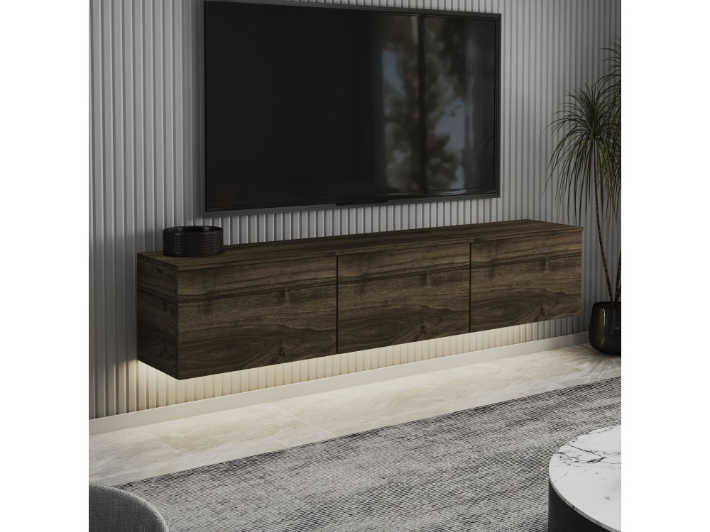Neon" hangend houten TV-meubel met LED-verlichting - 160 x 32 x 35 cm - Donkerbruin
