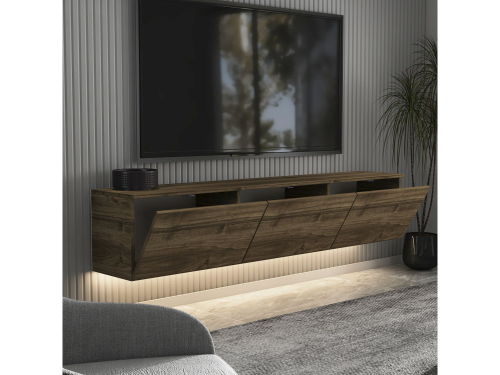 Neon" hangend houten TV-meubel met LED-verlichting - 160 x 32 x 35 cm - Donkerbruin
