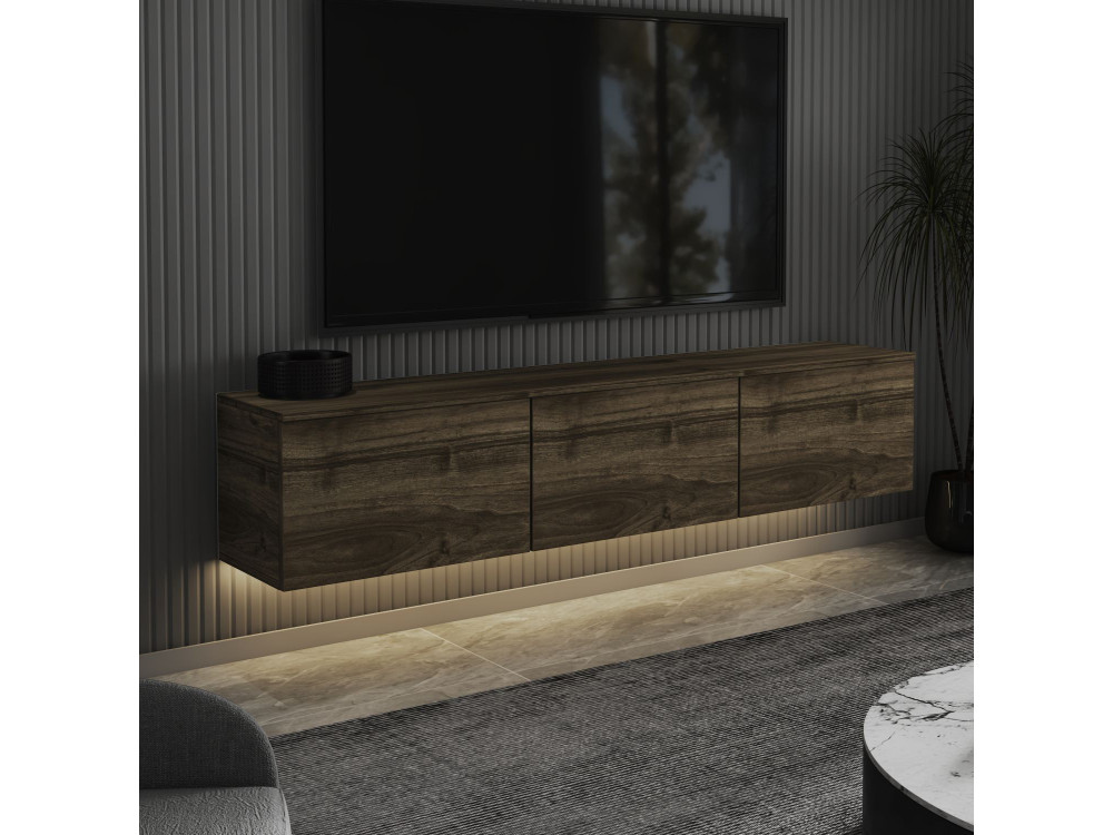 Neon" hangend houten TV-meubel met LED-verlichting - 160 x 32 x 35 cm - Donkerbruin