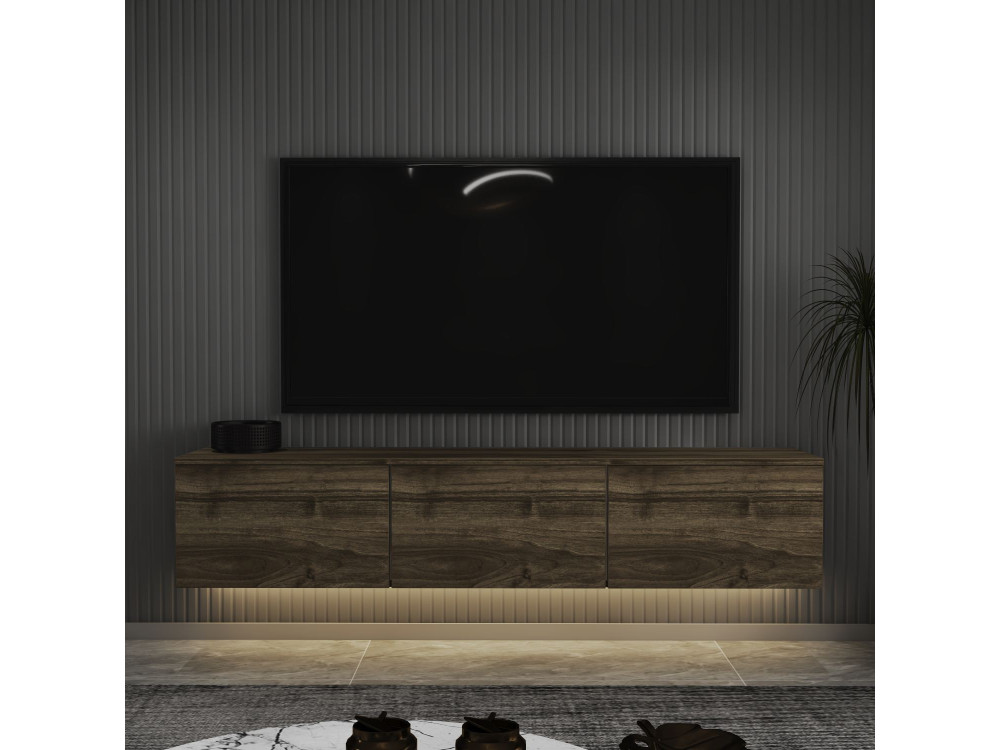 Neon" hangend houten TV-meubel met LED-verlichting - 160 x 32 x 35 cm - Donkerbruin
