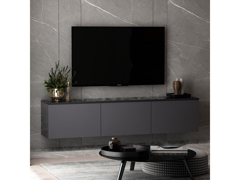 Hangend houten TV-meubel "Neon" met LED-verlichting - 160 x 32 x 35 cm - Antracietgrijs