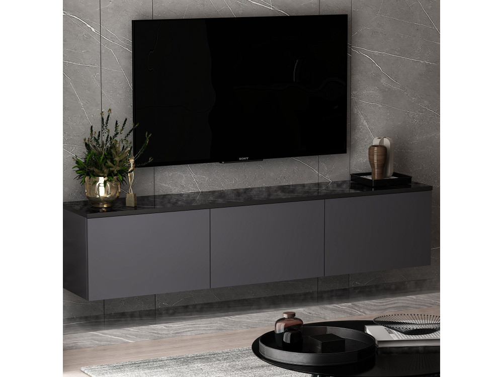 Hangend houten TV-meubel "Neon" met LED-verlichting - 160 x 32 x 35 cm - Antracietgrijs