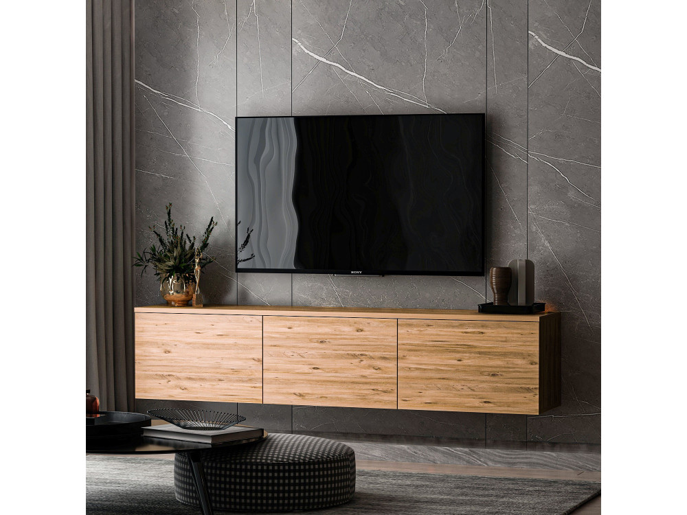Neon" hangend houten TV-meubel met LED-verlichting - 160 x 32 x 35 cm - Lichtbruin
