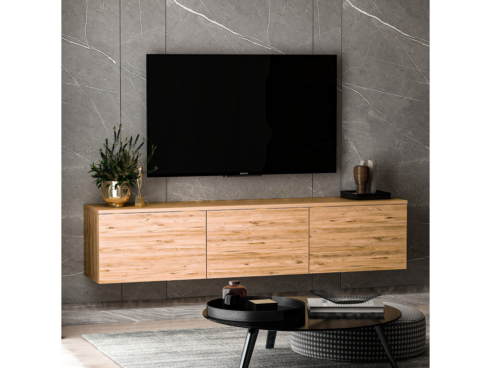 Neon" hangend houten TV-meubel met LED-verlichting - 160 x 32 x 35 cm - Lichtbruin