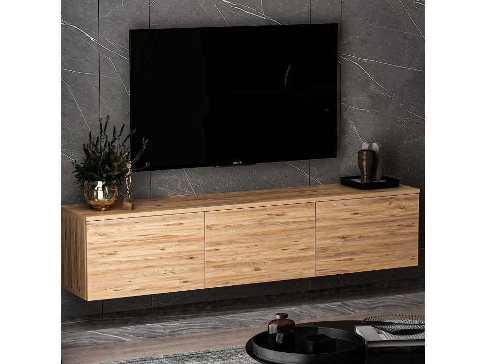 Neon" hangend houten TV-meubel met LED-verlichting - 160 x 32 x 35 cm - Lichtbruin