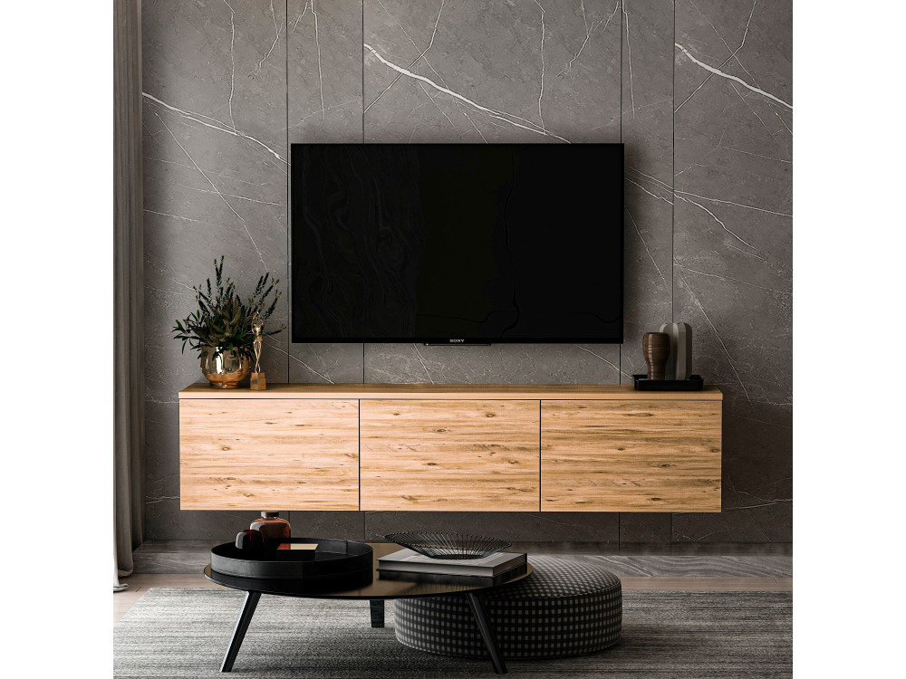 Neon" hangend houten TV-meubel met LED-verlichting - 160 x 32 x 35 cm - Lichtbruin