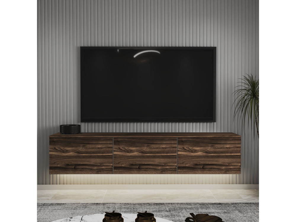 Neon" hangend houten TV-meubel met LED-verlichting - 160 x 32 x 35 cm - Bruin