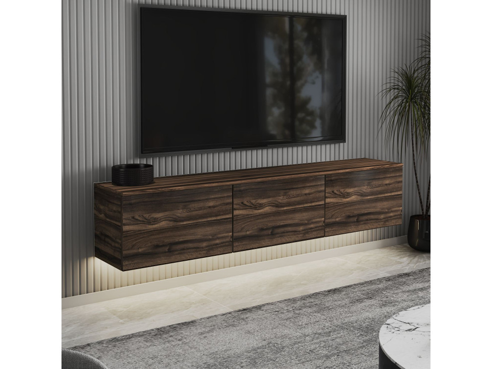 Neon" hangend houten TV-meubel met LED-verlichting - 160 x 32 x 35 cm - Bruin