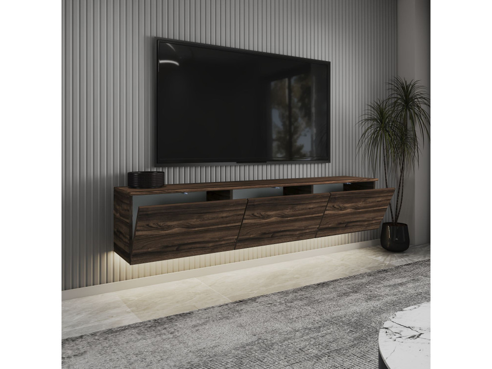 Neon" hangend houten TV-meubel met LED-verlichting - 160 x 32 x 35 cm - Bruin