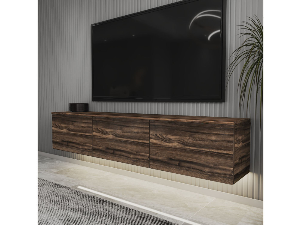 Neon" hangend houten TV-meubel met LED-verlichting - 160 x 32 x 35 cm - Bruin