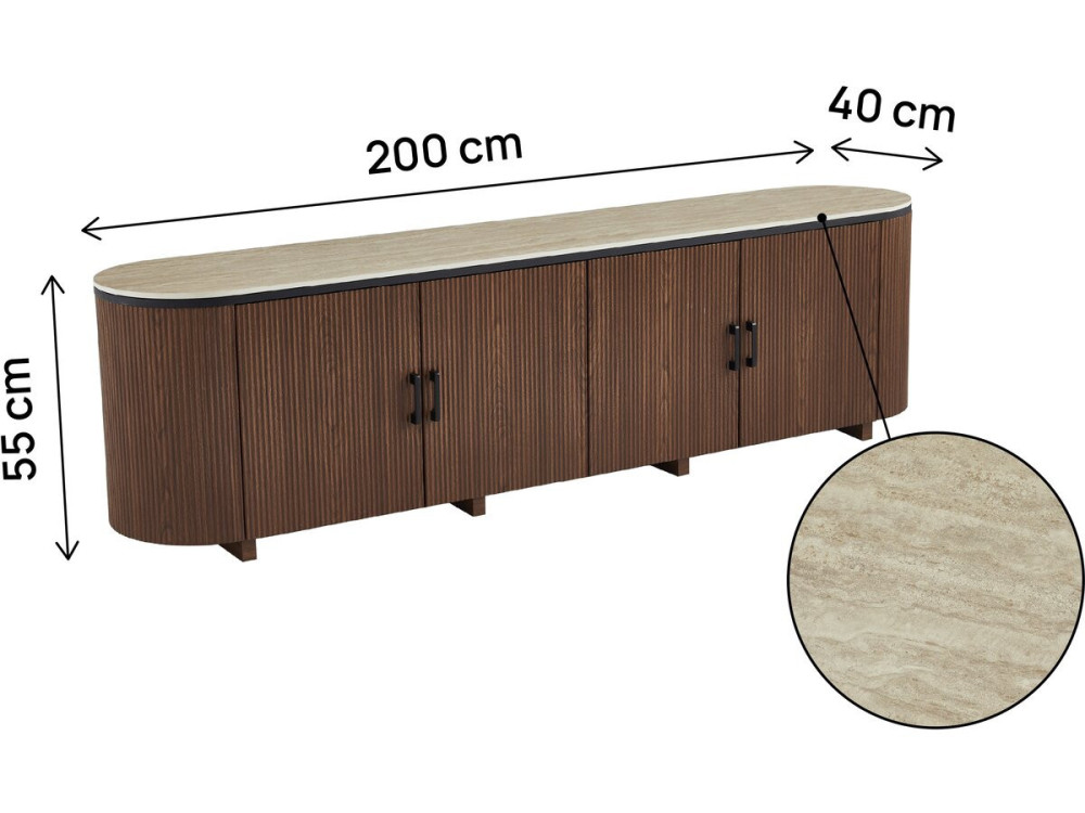 Portofino" ovaal tv-meubel van hout en keramiek - 200 x 40 x 55 cm - Bruin