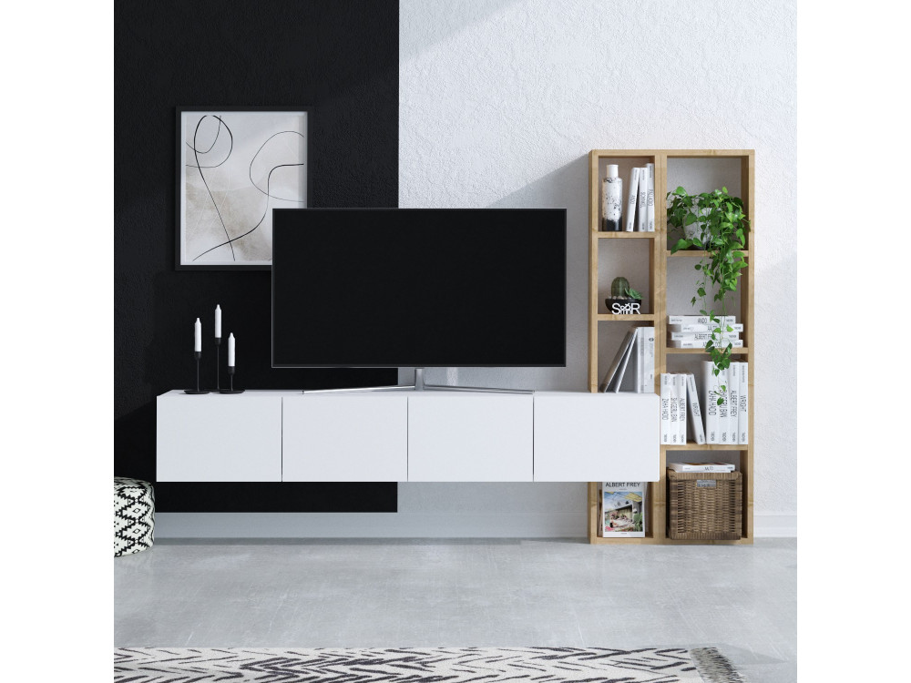 Houten TV-meubel "Pana" - 182 x 32 x 25 cm - Wit, Eik