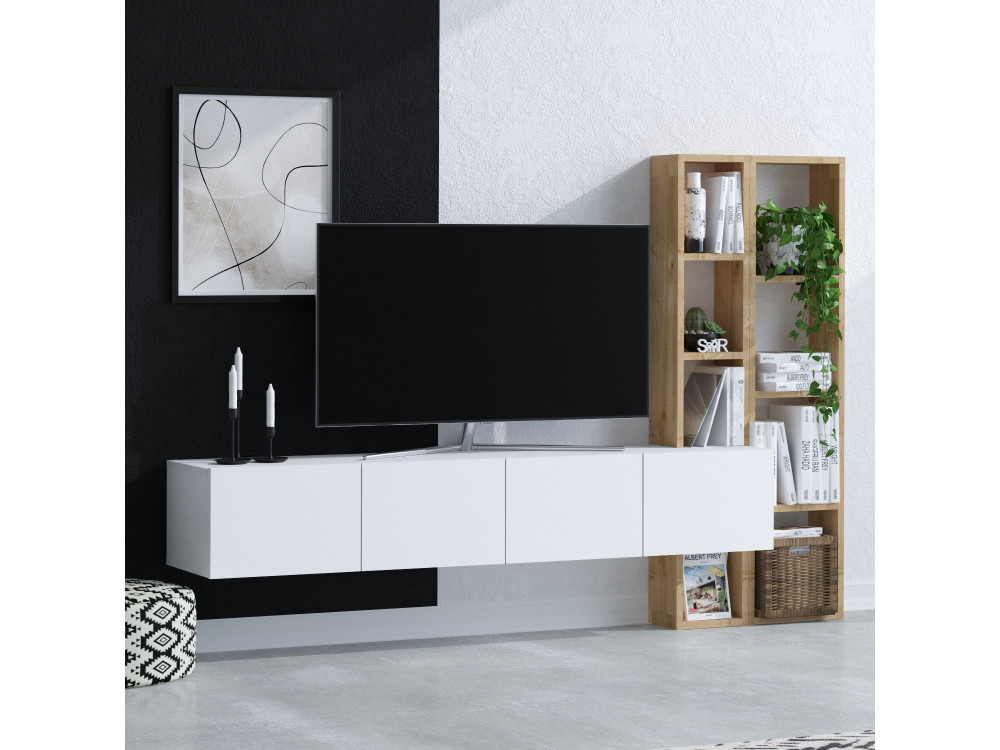 Houten TV-meubel "Pana" - 182 x 32 x 25 cm - Wit, Eik