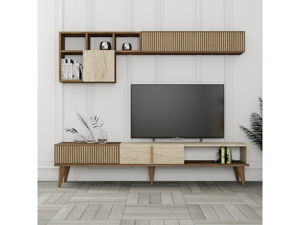 Houten TV-meubel "Milan" - 180 x 35 x 40 cm - Notelaar, Travertin