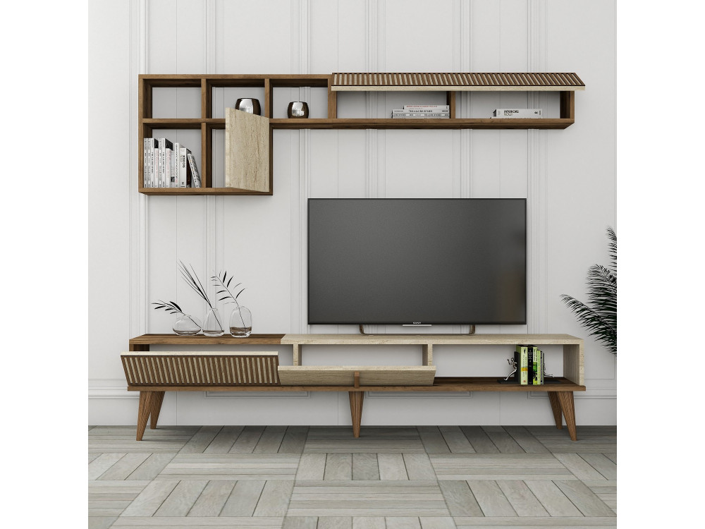 Houten TV-meubel "Milan" - 180 x 35 x 40 cm - Notelaar, Travertin