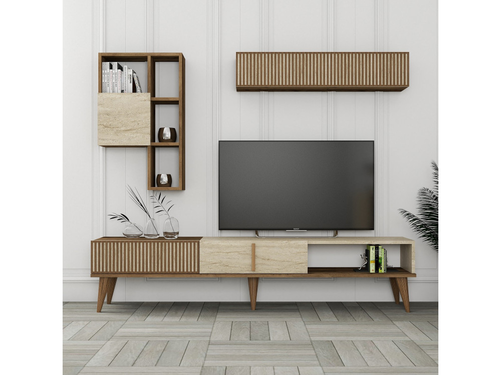 Houten TV-meubel "Milan" - 180 x 35 x 40 cm - Notelaar, Travertin