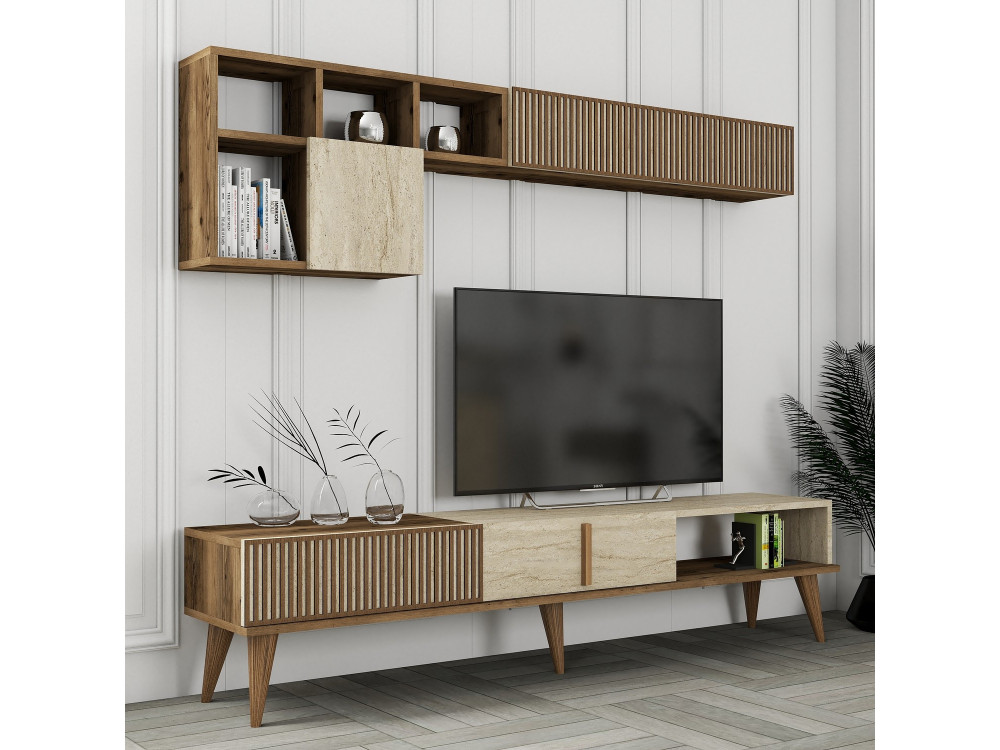 Houten TV-meubel "Milan" - 180 x 35 x 40 cm - Notelaar, Travertin