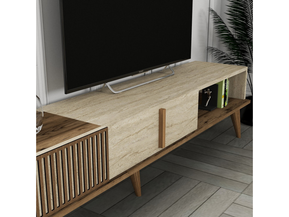 Houten TV-meubel "Milan" - 180 x 35 x 40 cm - Notelaar, Travertin