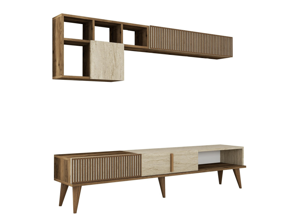 Houten TV-meubel "Milan" - 180 x 35 x 40 cm - Notelaar, Travertin
