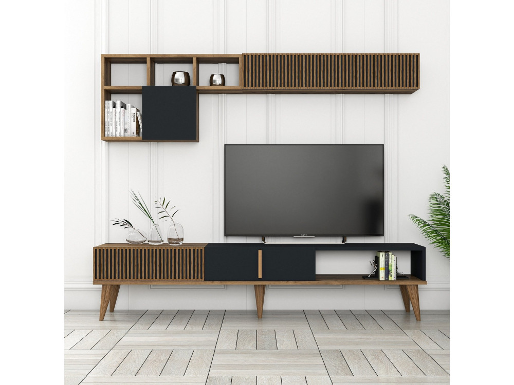 Houten TV-meubel "Milan" - 180 x 35 x 40 cm - Notelaar, Antraciet