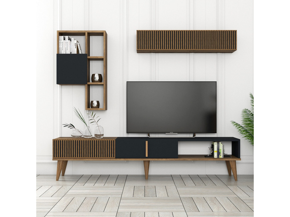 Houten TV-meubel "Milan" - 180 x 35 x 40 cm - Notelaar, Antraciet