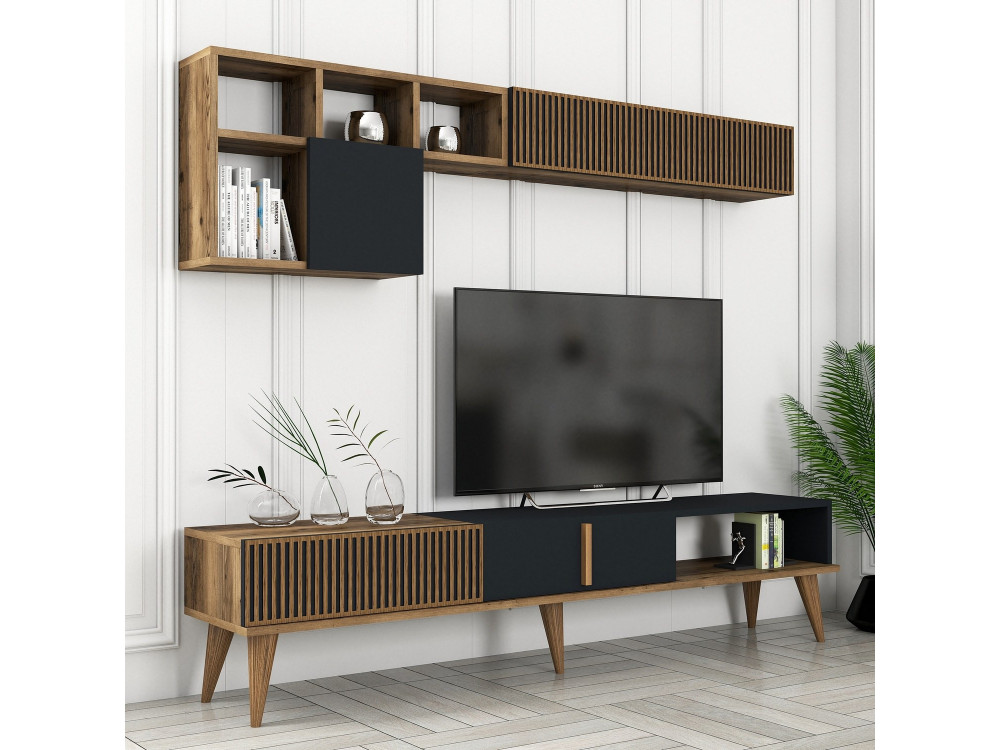 Houten TV-meubel "Milan" - 180 x 35 x 40 cm - Notelaar, Antraciet