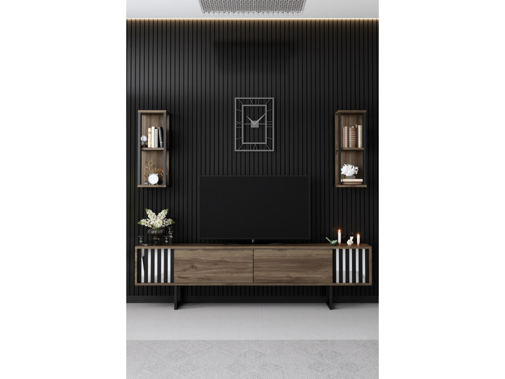 Chrome Line" houten TV-meubel - 180 x 30 x 48 cm - WalnootZwart