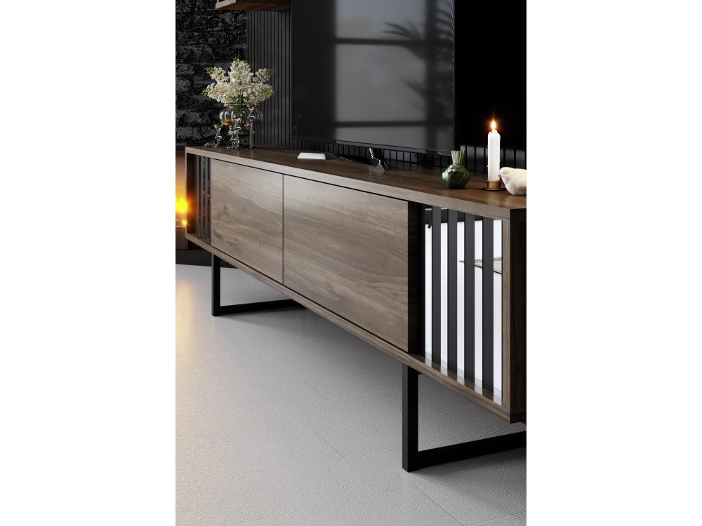 Chrome Line" houten TV-meubel - 180 x 30 x 48 cm - WalnootZwart