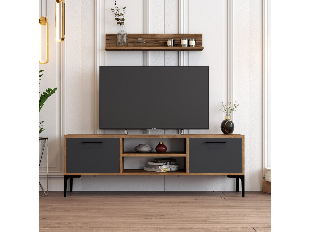 Houten TV-meubel "Riga" - 140 x 30 x 48 cm - Notelaar-Anthraciet