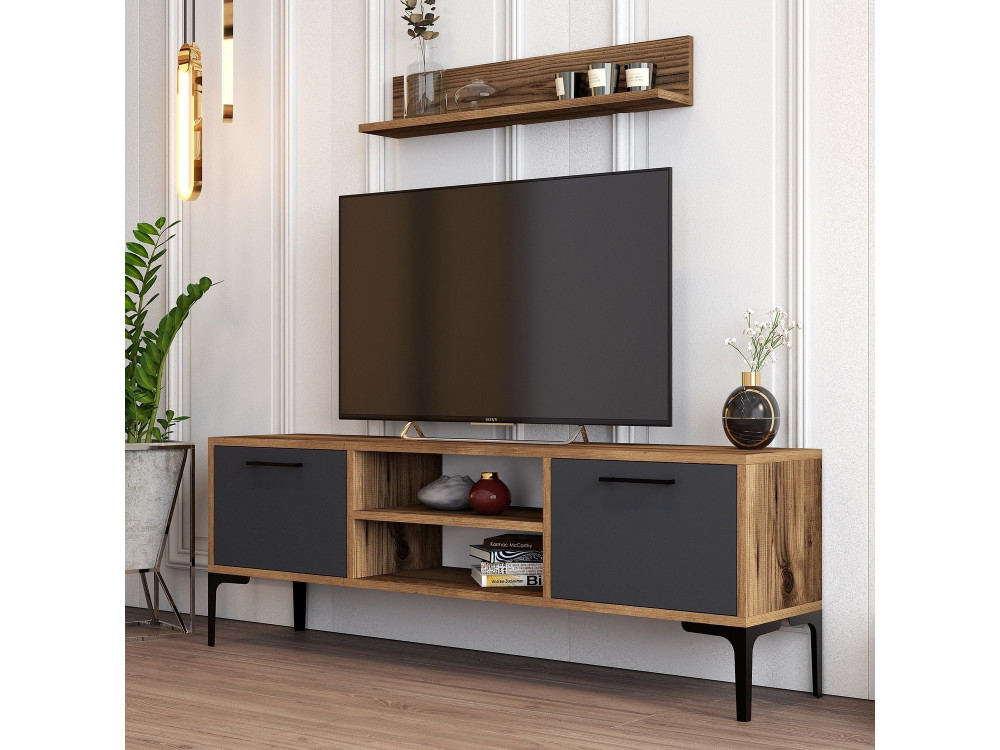 Houten TV-meubel "Riga" - 140 x 30 x 48 cm - Notelaar-Anthraciet