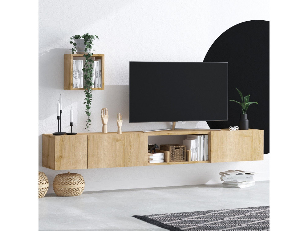 Avior" houten TV-meubel met wandplank - 180 x 32 x 25 cm - Beige