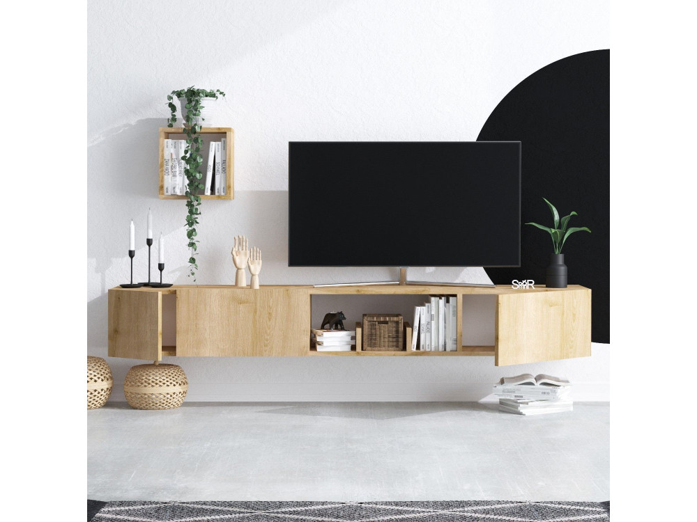Avior" houten TV-meubel met wandplank - 180 x 32 x 25 cm - Beige