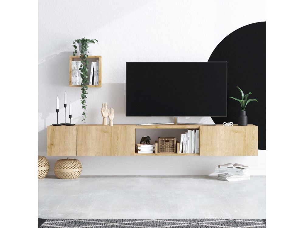 Avior" houten TV-meubel met wandplank - 180 x 32 x 25 cm - Beige