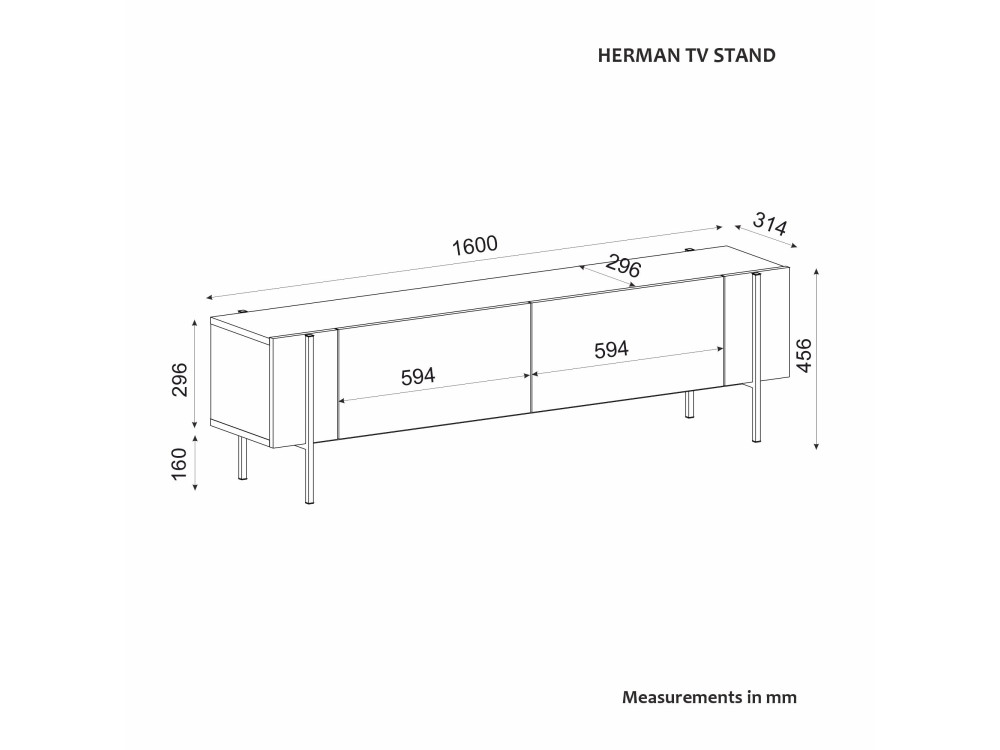 Houten Herman" TV-meubel - 160 x 31 x 45 cm - Antraciet grijs