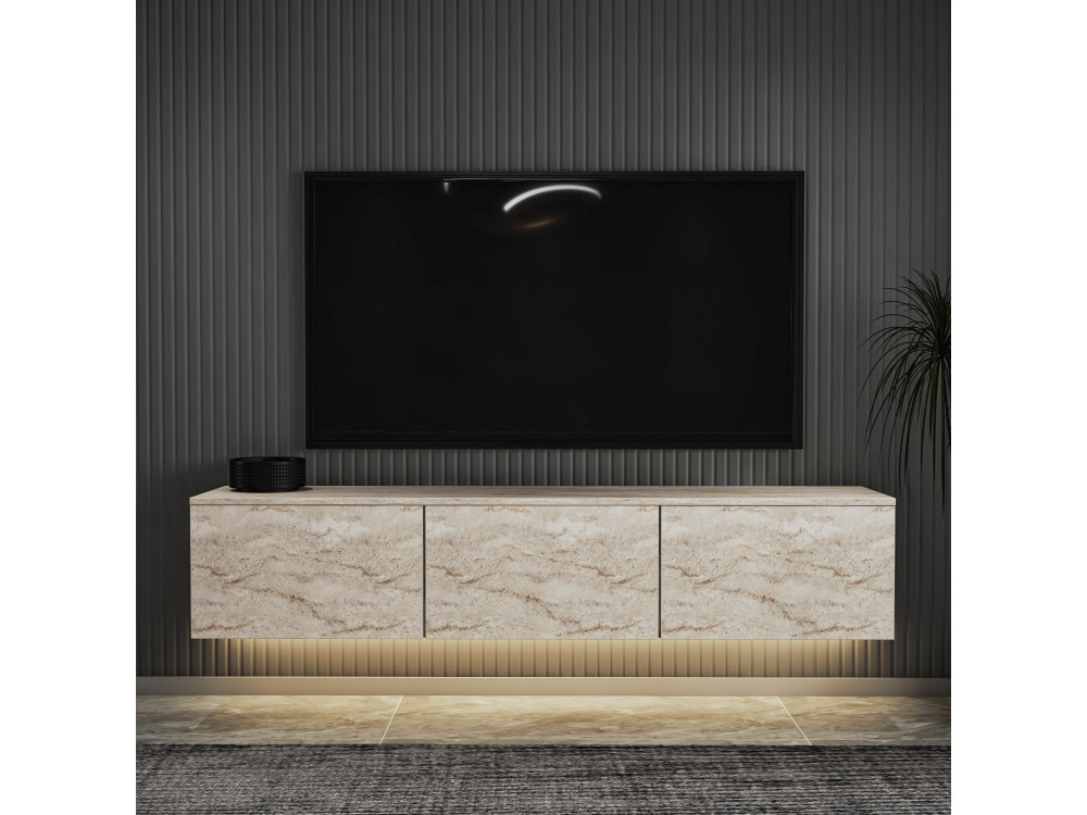 Houten wandhangend TV-meubel met "Neon illuminated" LED-verlichting - 160 x 32 x 35 cm - Travertin