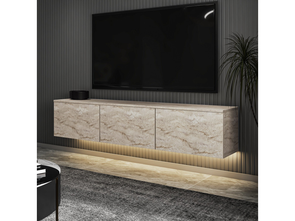 Houten wandhangend TV-meubel met "Neon illuminated" LED-verlichting - 160 x 32 x 35 cm - Travertin